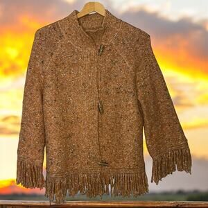 Ruby Rd. Women’s Orange Speckled Fringed Knit Cardigan - Size Medium